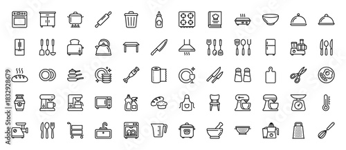 Kitchen appliance and utensil line icon set. Vector pictograms of cookware, cutlery, and gadgets, thin linear illustration.