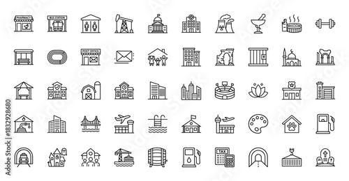 Public and commercial buildings line icon set. Vector pictograms of post office, hospital, school, and airport, thin linear illustration.