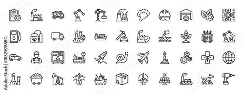 Industrial manufacturing and logistics line icon set. Vector pictograms of factory, robot arm, crane, shipping, and energy, thin linear illustration.