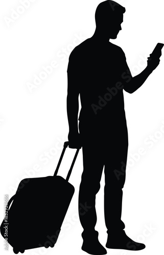 Man Traveler Silhouette with Suitcase and Smartphone Vector Icon
