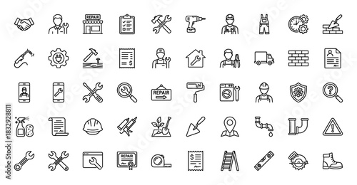Construction and home repair line icon set. Vector pictograms of handyman, hammer, drill, wrench, helmet, ladder, pipes, painting and tools, thin linear illustration.