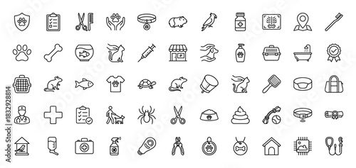 Veterinary pet care line icon set. Vector pictograms of animal paw, collar, syringe, grooming, and pet house, thin linear illustration.