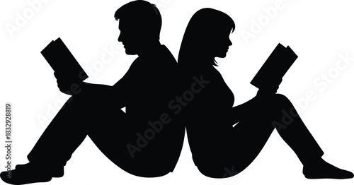 Man and Woman Reading Books Back to Back Silhouette Vector