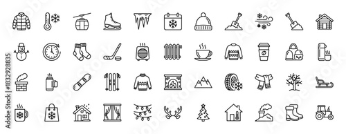 Winter season line icon set. Vector pictograms of beanie, jacket, snowman, fireplace, skis, sled, sweater, hot drink and snowflake, thin linear illustration.