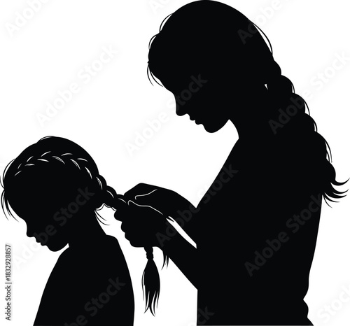 Mother braiding young girls hair black silhouette illustration vector