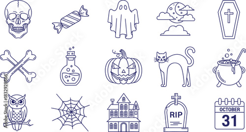 Collection of Halloween-themed icons including a skull, candy, ghost, moon, coffin, bones, potion, pumpkin, cat, cauldron, owl, spiderweb, haunted house, tombstone, and calendar