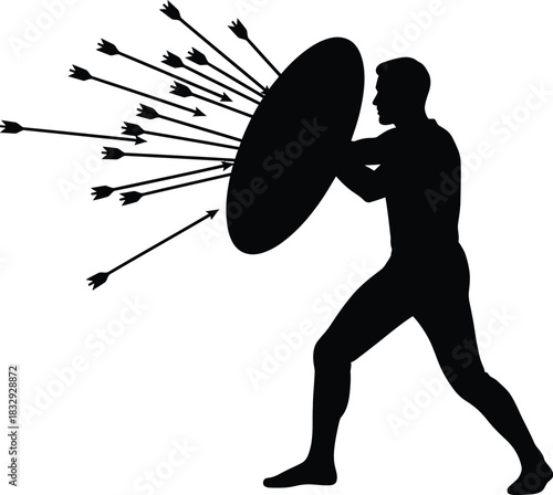 Warrior defending against arrow attack with round shield black and white silhouette vector graphic