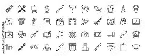 Creative arts line icon set. vector pictograms of painting, sculpture, music, theater, and film concepts, thin linear illustration.