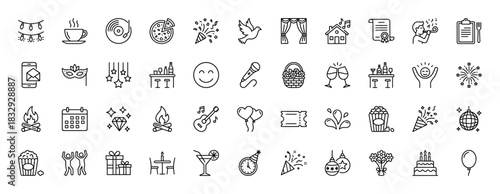 Party and celebration line icon set. Vector pictograms of confetti, pizza, cake, gifts, disco ball, and champagne, thin linear illustration.