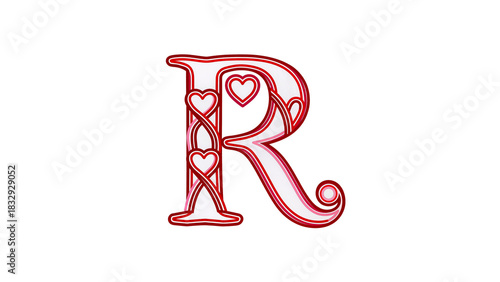 Decorative letter R with heart pattern and red outline on transparent background.