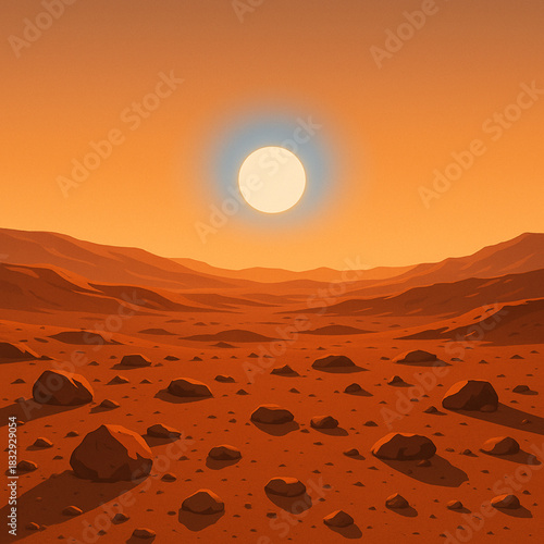Vector Illustration of the Sun setting on the Martian Horizon with a faint blue halo around the Sun from Mars Surface