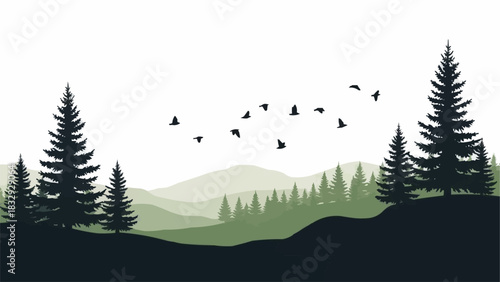 Flock of birds flying over a serene forest landscape.