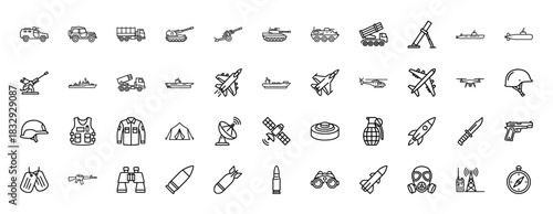 Military and army outline icon set. Vector pictograms of tanks, aircraft, helmets, and weaponry, thin linear illustration.
