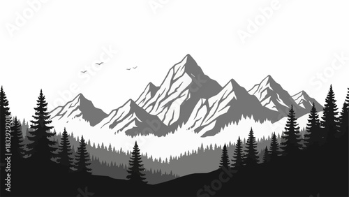 Monochrome mountain range landscape with pine forest silhouette.