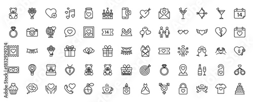 Valentine's day and romance outline icon set. vector pictograms of heart, gifts, couple, wedding, and love, thin linear illustration.