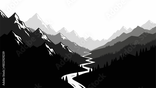 Monochromatic Mountain Landscape with River.
