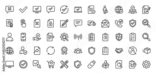 Compliance and verification line icon set. Vector pictograms of document, security, delivery, approval, and user interface elements, thin linear illustration.