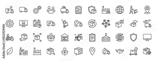 Logistics line icon set. Vector pictograms of shipping, delivery, warehouse, tracking, security, and global supply chain elements, thin linear illustration.