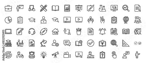 Education and learning line icon set. Vector pictograms of books, graduation cap, laptop, presentation, and science tools, thin linear illustration.