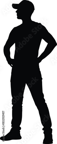 Man in baseball cap silhouette standing with hands on hips confident pose full body vector graphic