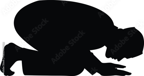 Black Silhouette Vector of Muslim Man Praying in Sujud Prostration Position