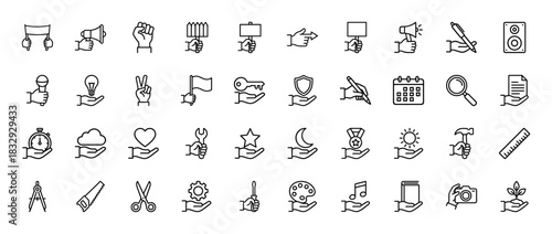 Protest, tools, and creative elements line icon set. Vector pictograms of megaphone, handsaw, palette, and key, thin linear illustration.