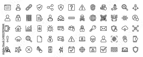 Cyber security and data protection line icon set. Vector pictograms of shield, user, code, fingerprint, lock, firewall, and threat, thin linear illustration.
