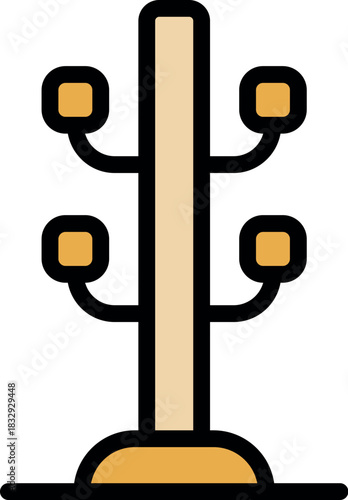 Simple hall tree standing on floor with four hooks for hanging coats, jackets, and other garments