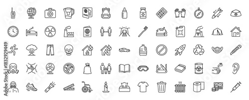 Safety and emergency line icon set. Vector pictograms of first aid kit, medical mask, fire, explosion, and rescue items, thin linear illustration.