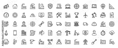 Industrial and manufacturing line icon set. Vector pictograms of factory, oil drum, delivery truck, robot arm, and construction crane, thin linear illustration.