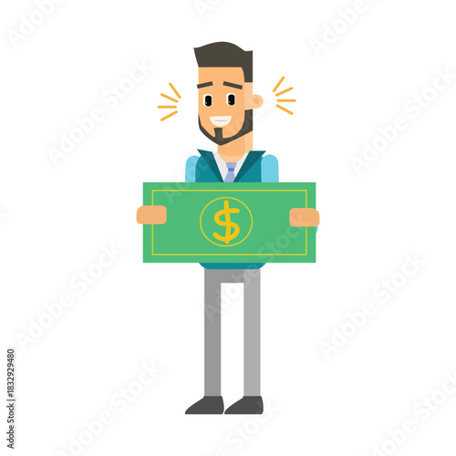 Happy man holding a giant green dollar banknote. Concept of cash payment or income