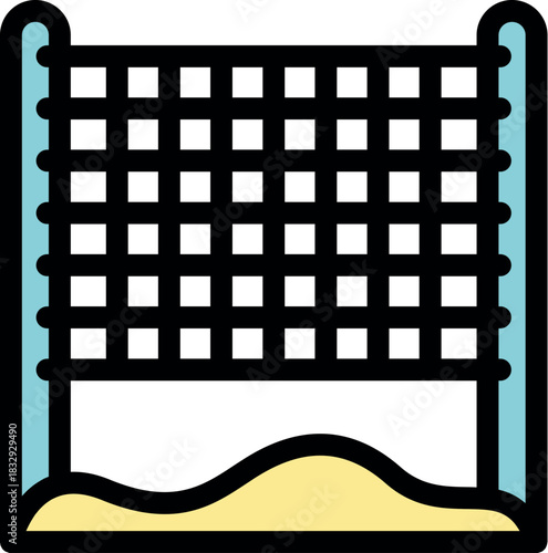 Beach volleyball net set up on a sandy court, awaiting players for a match