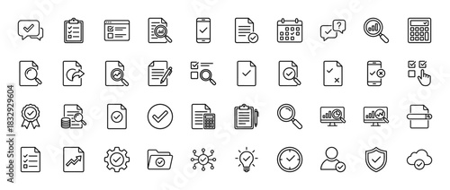 Business management and success line icon set. Vector pictograms of document, checklist, calendar, report, and analysis, thin linear illustration.