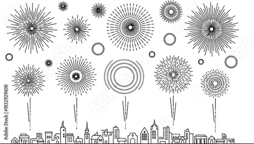 Fireworks Display over City Skyline Illustration in Black and White for Festive Celebrations