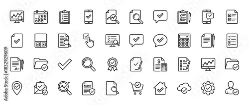 Business quality assurance line icon set. vector pictograms of checklist, calendar, search, document, and audit, thin linear illustration.