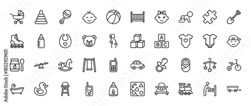 Baby and childcare line icon set. Vector pictograms of stroller, rattle, bottle, teddy bear, bib, crib, pacifier, duck, tricycle and clothes, thin linear illustration.