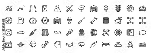 Automotive services line icon set. Vector pictograms of car parts, garage tools, and navigation symbols, thin linear illustration.