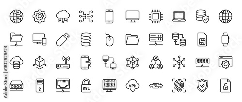 Technology and network line icon set. Vector pictograms of server, cloud, data, security, and device concepts, thin linear illustration.