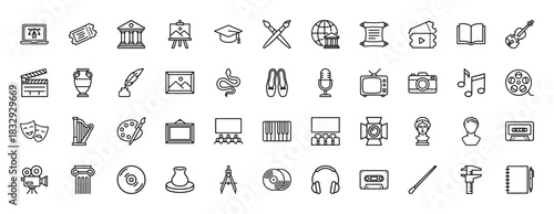 Arts and culture line icon set. Vector pictograms of museum, theater, painting, music notes, and video camera, thin linear illustration.