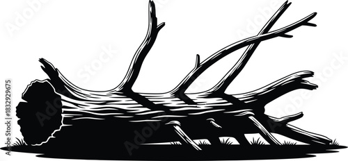 Fallen Dead Tree Log Silhouette Vector Illustration Black and White Monochrome