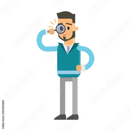 Bearded man in a blue sweater looking through a magnifying glass. Concept of search and analysis