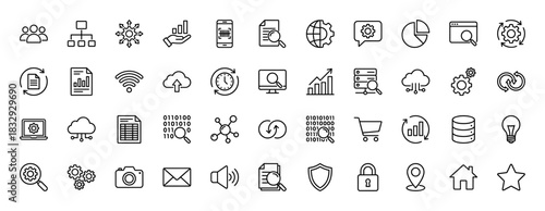 Business and technology line icon set. vector pictograms of data analytics, cloud computing, finance, and security, thin linear illustration.