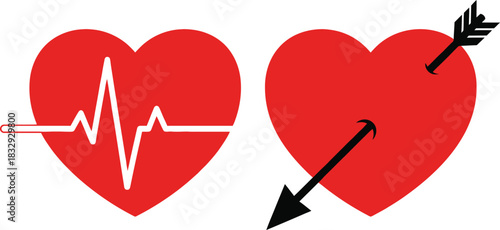 A collection of two red heart icons, one symbolizing life with a medical EKG pulse and the other symbolizing love pierced by an arrow