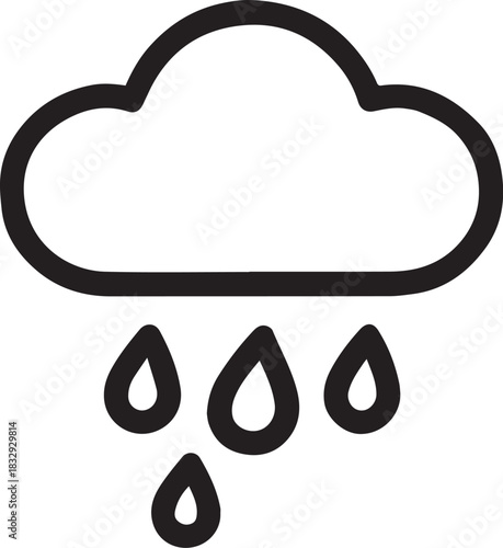 A minimalist black and white icon illustrates a stylized cloud, from which raindrops cascade downwards, capturing the essence of precipitation and weather conditions.