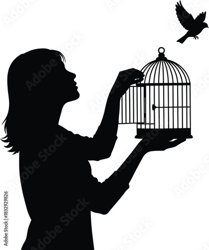 Black silhouette vector of woman opening birdcage and releasing bird symbolizing freedom and escape