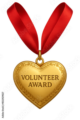 Golden heart-shaped volunteer award medal hanging on red ribbon with transparent background