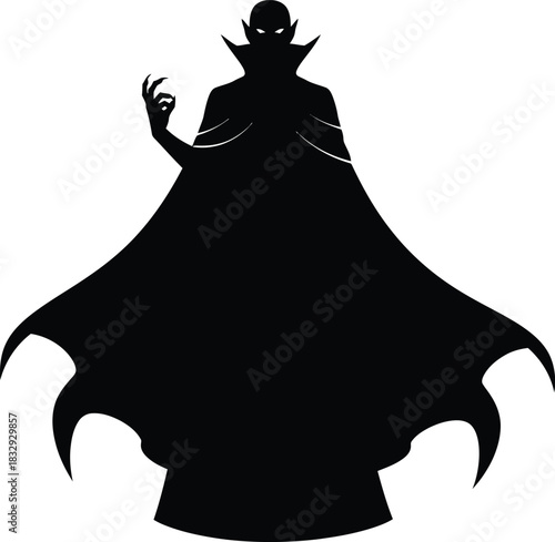 Ominous Vampire Silhouette Vector Illustration with Dramatic Cape and Glowing Eyes