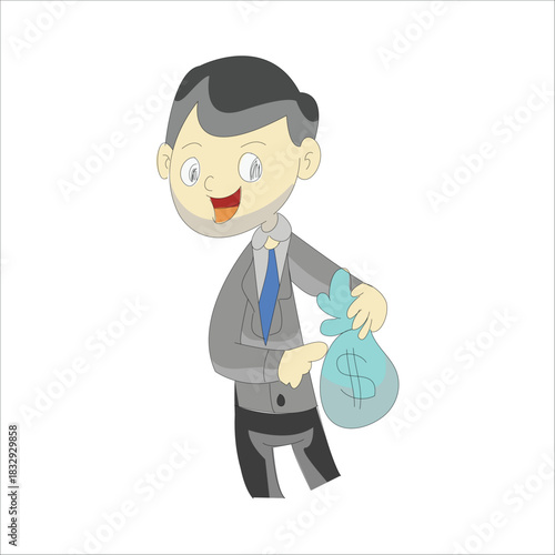 Happy businessman holding a heavy blue money bag representing a bonus or profit