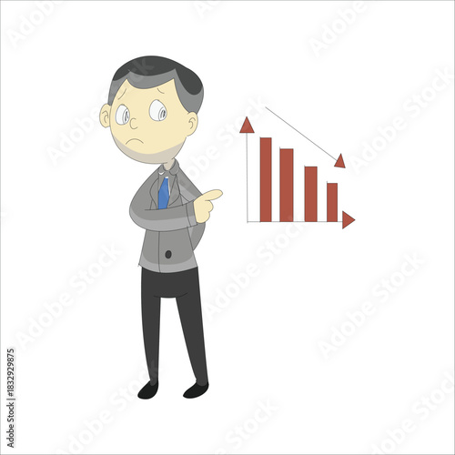 Disappointed businessman pointing at a falling graph showing recession or loss