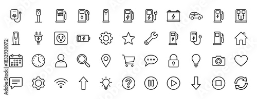 Energy, transportation, and interface line icon set. Vector pictograms of charging stations, calendar, battery, and settings, thin linear illustration.